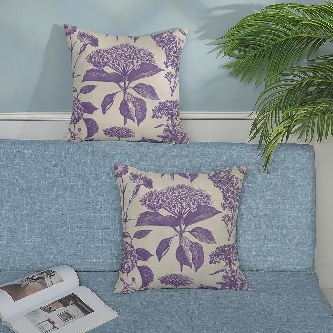 Purple Pillow Covers 16x16 Inch 2 Pcs Boho Vintage Floral Decor Throw Pillows Hydrangea Flower Seasonal Outdoor Farmhouse Neutral Accent Decoration Pillowcase Linen Cushion Cover for Sofa