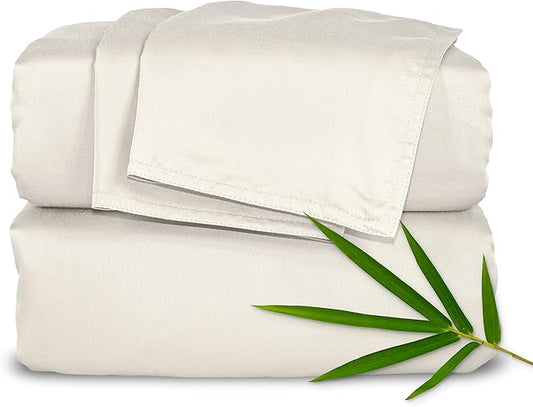 Pure Bamboo Split King Sheets, Genuine 100% Organic Viscose Derived from Bamboo Bed Sheet Set, Soft & Cooling, Double Stitching, 2 Fitted Sheets (Split King, Ivory)
