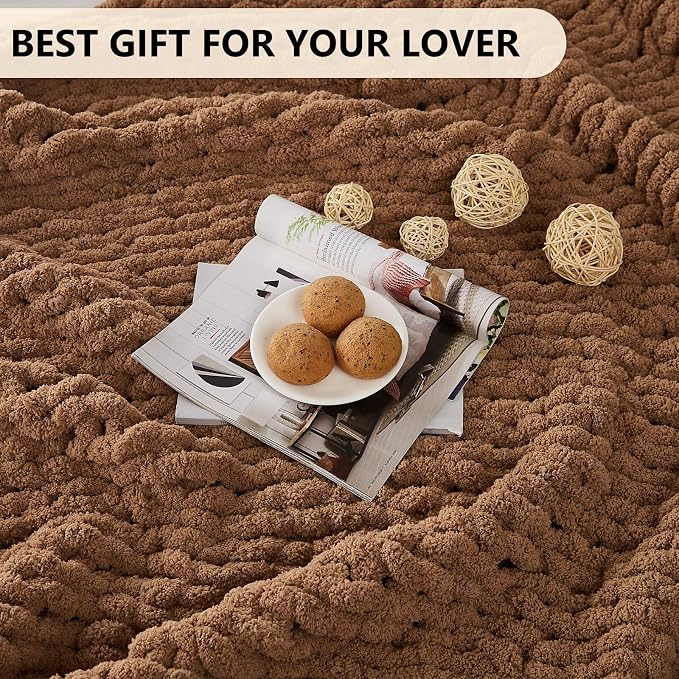 L'AGRATY Chunky Knit Throw Blanket for Couch, 80'' x 90'' Knit Throw, Brown | Handmade Chenille Crochet Blanket for Sofa Bed, Thick Cable Knitted Blankets for Room Home Decor, Birthday Gift for Women Mom