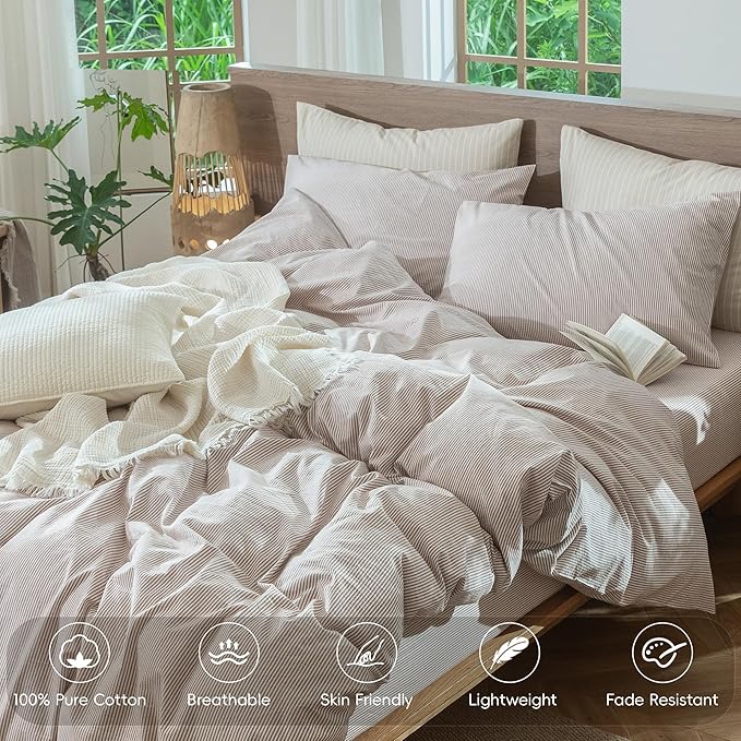 MooMee Striped Duvet Cover Set 100% Washed Cotton Linen Like Queen | Relaxed Linen-like Texture. Soft, Breathable & Long-lasting Comfort. Lightweight. Hidden Zipper with 8 Interior Corner Ties