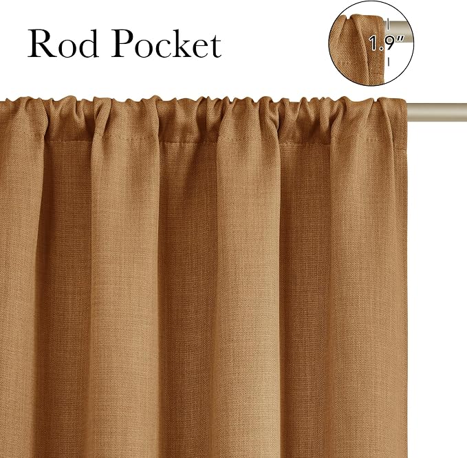 NICETOWN Gold Brown Faux Linen Room Darkening Rod Pocket Curtains 63 inch Length, W42 x L63, Light Blocking Thermal Insulated Noise Reducing Drapes for Bedroom Living Room Farmhouse Decor, 2 Panels