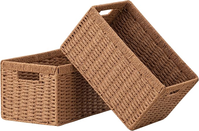 UBBCARE 2 Pack Wicker Basket, 13.4L×8.3H×7.1W inch Woven Paper Rope Storage Baskets for Shelves, Foldable Rectangular Storage Baskets with Handle, Storage Basket for Organizing, Caramel