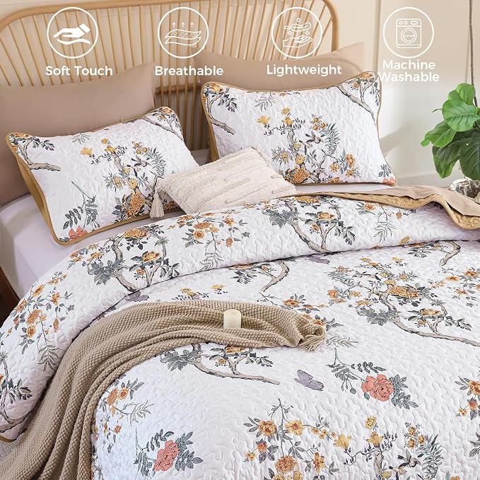 WONGS BEDDING Floral Quilt Set Queen, 3 Pcs Brown Orange Bedspread Coverlet | Spring Summer Floral Farmhouse Bedspread with 2 Shams,Soft Microfiber Lightweight Coverlet for All Season 96"×90"