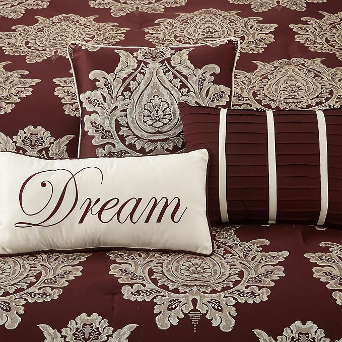 Burgundy King Size Comforter Set 7 Pieces, Jacquard Woven with Damask, Bedding Set in a Bag Includes Comforter, Bed Skirt, Pillow Shams, and Decorative Pillows