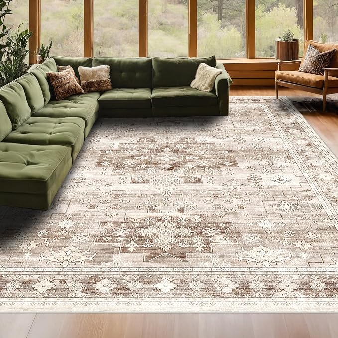 Washable Farmhouse Living Room Rug, 10x14 Area Rugs for Bedroom, Dining Room Under Table Carpet, Kids Room, Extra Large Boho Vintage Non-Slip Rugs Low Pile Stain Resistant (10x14 Beige/Latte)