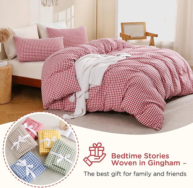 TOCOMOA Red Gingham Duvet Cover Set 100% Washed Cotton Like Linen, Queen | Linen-Like Feel Soft, Breathable & Comfy for All Season. Lightweight Bedding Set with Zipper & 8 Ties. 3 Pcs, No Insert