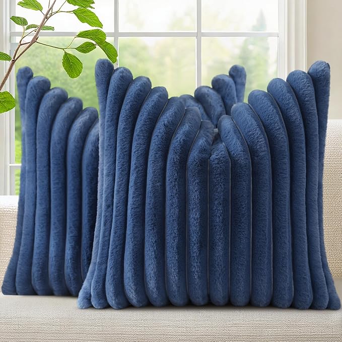 decorUhome Fall Faux Fur Throw Pillow Covers 18x18 Set of 2 Navy Blue | Decorative Soft Cozy Striped Plush Modern Farmhouse Boho Couch Pillow Cases Velvet Back for Sofa Bed Living Room Home Decor