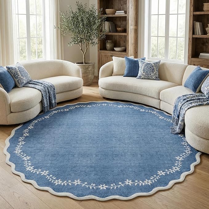 GarveeHome Large Round Rug 8ft Scalloped Washable Circle Living Room Rug | Soft Solid Blue Non Slip Floral Print Floor Mat Carpet Indoor Thin Area Rug for Bedroom Dining Room Playroom Nursery