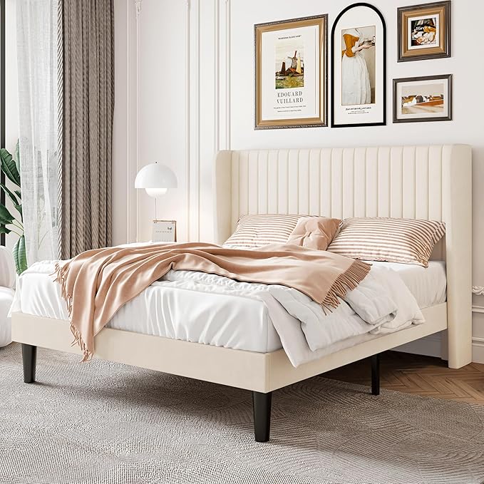 SHA CERLIN Full Size Velvet Bed Frame, Tufted Wingback Headboard, Cream | 47'' Modern Vertical Channel Headboard, Upholstered Platform Bed, Wood Slats, No Box Spring Needed, Easy Assembly, Noise Free