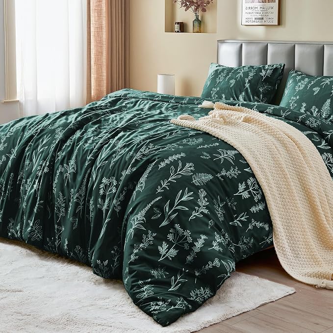 MUXHOMO Duvet Cover Twin/Twin XL Size Set, Reversible Floral Forest Green Duvet Cover with Zipper Closure, 2 Pieces Botanical Patterns Soft Microfiber Bedding Set with 4 Ties (68"x90", 1 Pillow Case)