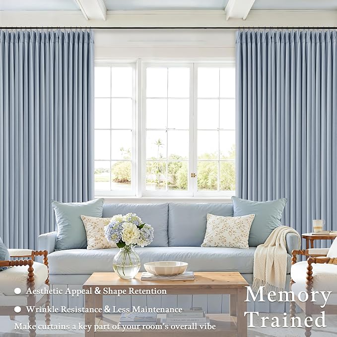 Blue Pinch Pleated Linen Blackout Dual Layer Curtains 108 Inches Length | Light Dusty Blue 100% Black Out Curtain, for Dining Room Kids Baby Bedroom, Coastal Modern, Two Layer Drapes, Room Darkening