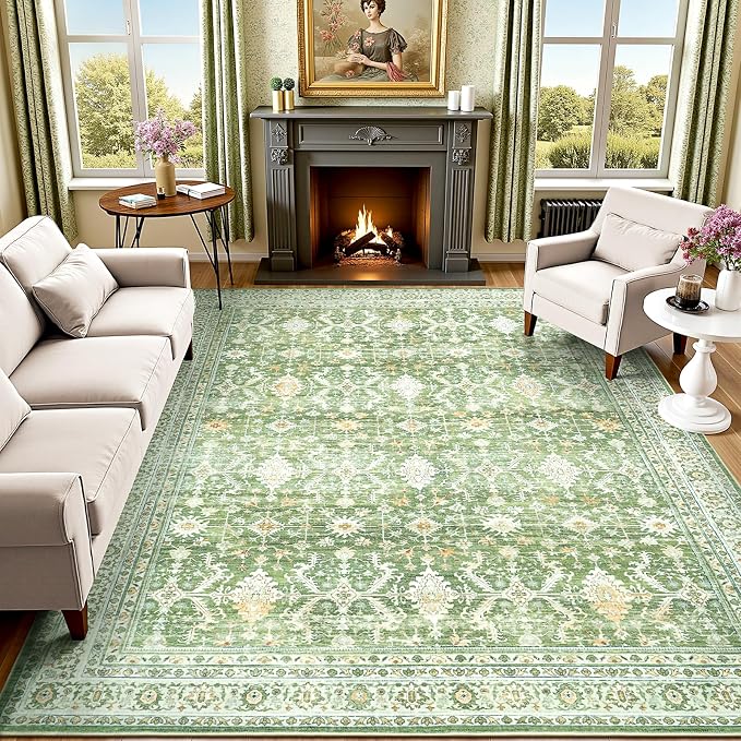 8x10 Area Rugs for Living Room, Washable Large Carpet, Light Green | Soft Rug for Bedroom, Dining Room, Home Office, Indoor, Nursery, Stain Resistant, Non-Slip, Low Pile,Vintage Distressed Rug