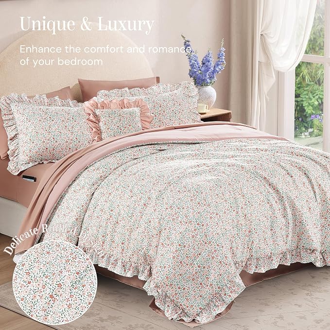 King Size Comforter Set-7 Pieces Floral Ruffle Bedding Set | Pink Ditzy Bed in a Bag, Soft Lightweight All Season Farmhouse King Size Bedding Sets with Sheets, Pillowcases & Shams