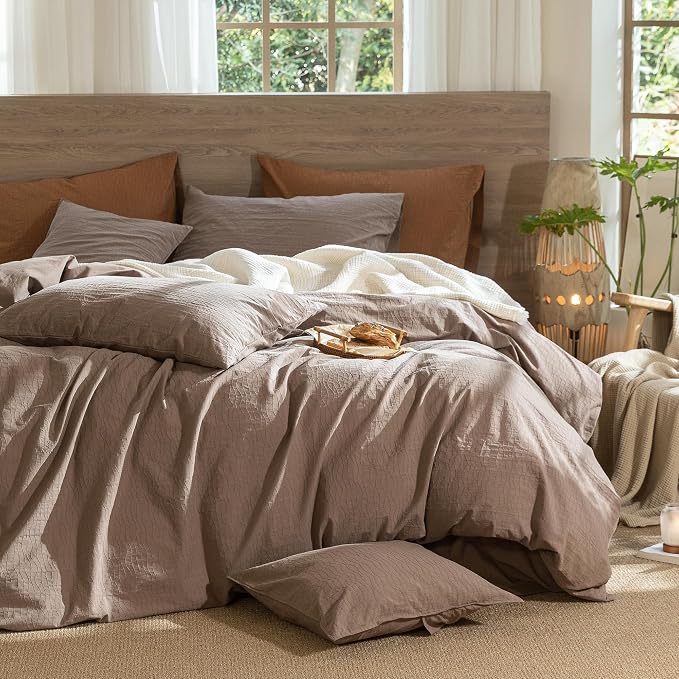 MooMee Wavy Striped Duvet Cover Set 100% Washed Cotton Linen Like Textured Breathable Durable Soft Comfy (Brown, Queen 90"x90")