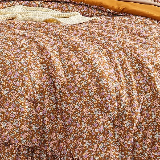 Queen Comforter Set-7 Pieces Floral Ruffle Bedding Set | Brown Ditzy Bed in a Bag, Soft Lightweight All Season Farmhouse Queen Bedding Sets with Sheets, Pillowcases & Shams