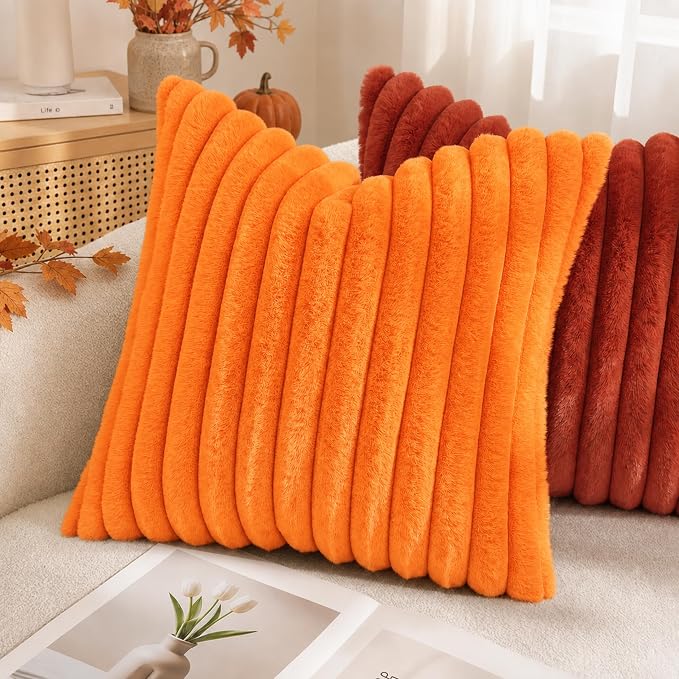 decorUhome Fall Faux Fur Throw Pillow Covers 18x18 Set of 2 Orange | Decorative Soft Cozy Striped Plush Modern Farmhouse Boho Couch Pillow Cases Velvet Back for Sofa Bed Living Room Home Decor