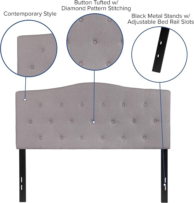 EMMA + OLIVER Light Gray Full Button Tufted Headboard | Adjustable Bed Rail Slots, Fabric Upholstered