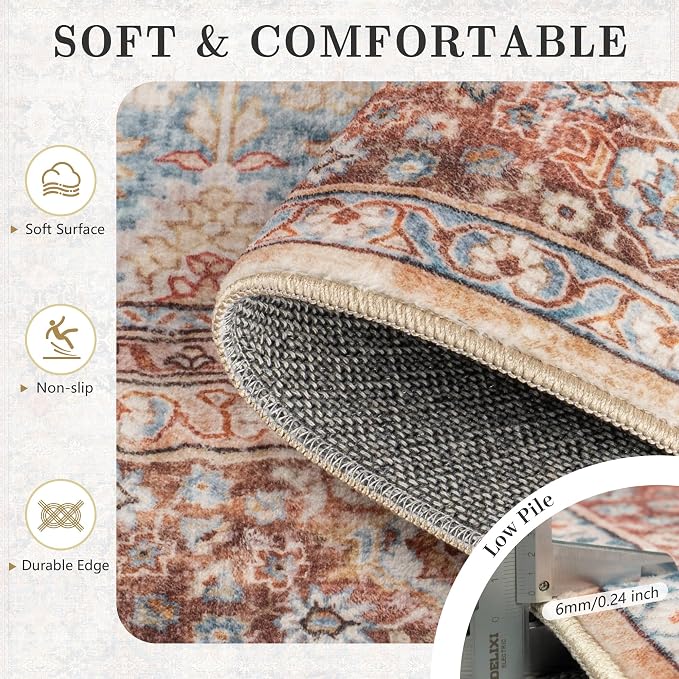 5x7 Area Rugs - Washable Vintage Retro Living Room Rug, Soft Ultra Thin Non Slip Low Pile Traditional Distressed Boho Carpet for Bedroom Dining Room Nursery Home Office, Rust Clay