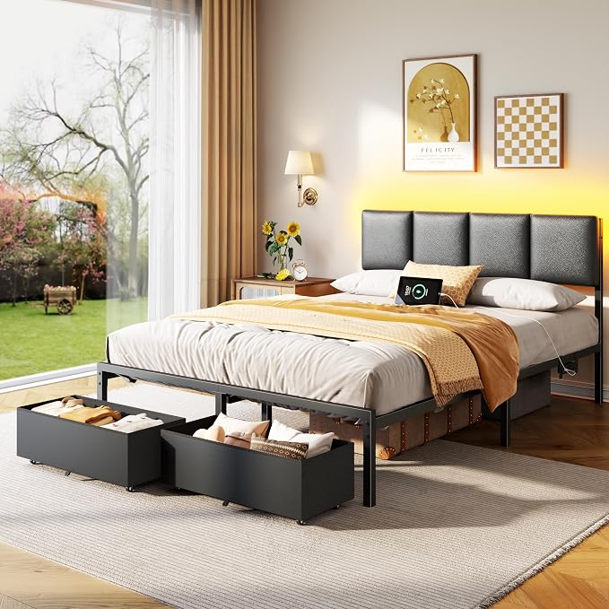 Full Size Bed Frame with PU Upholstered Headboard and 2 Drawers | Metal Platform Bed with Charging Station, LED Light and Fabric Storage Drawers, Noise Free, No Box Spring Needed, Black