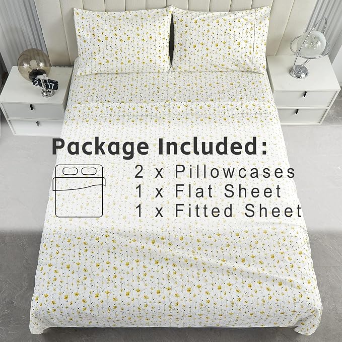 Softan King Sheet Set Yellow Floral Bed Sheets Printed Sheets - 4 Piece Soft Microfiber Patterned Fitted Sheets King with 15" Deep Pocket and Corner Straps, Cute Yellow Flower Sheets & Pillowcase Set