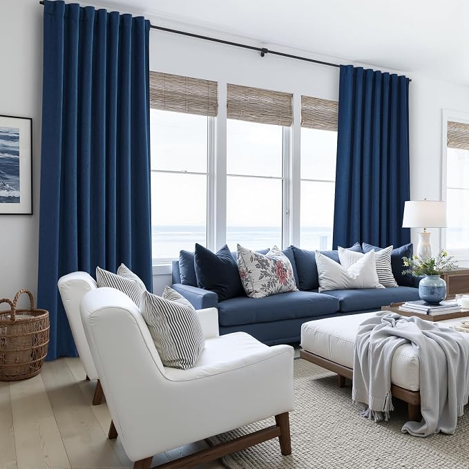 Navy Blue Blackout Curtains 108 Inch Length for Boys Rooms/Bedroom, Floor to Ceiling Track Pleated Drapes with Hooks Linen Thermal Coastal Curtain Dark Blue Window Burg 50"Wx108"Lx2Panels Back Tab