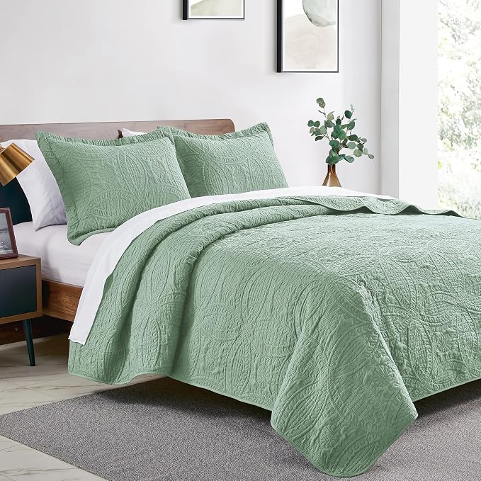 Love's cabin Quilts for Full Bed Sage Bedspreads Bedding Set - Lightweight Bedspread Comforter - Coin Pattern Bedding Coverlet for All Season - 3 Pieces (1 Quilt, 2 Pillow Shams)