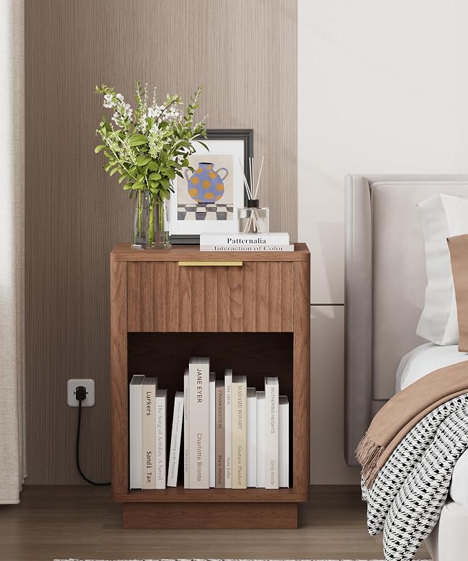 Akxomel Fluted Nightstand Set 2 Bedside Table with Charging Station Walnut | Wooden Side Table with LED Light, Modern Mid Century End Table with Drawer, 15" D x 15.7" W x 22.6" H, for Bedroom