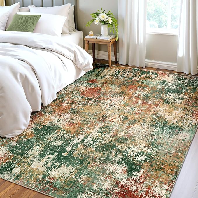 RELEANY Washable 4'x6' Abstract Area Rug for Living Room Green Multi | Carpet for Bedroom, Kitchen, Office, Hallway and Entryway, Printed Pattern, Non‑Slip, Soft, Stain‑Resistant, Easy to Clean