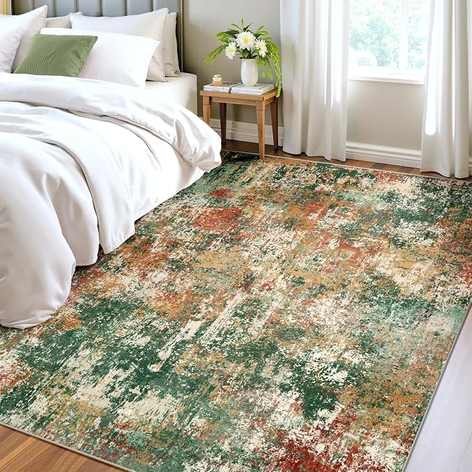 RELEANY Washable 5'x8' Abstract Area Rug for Living Room Green Multi | Carpet for Bedroom, Kitchen, Office, Hallway and Entryway, Printed Pattern, Non‑Slip, Soft, Stain‑Resistant, Easy to Clean