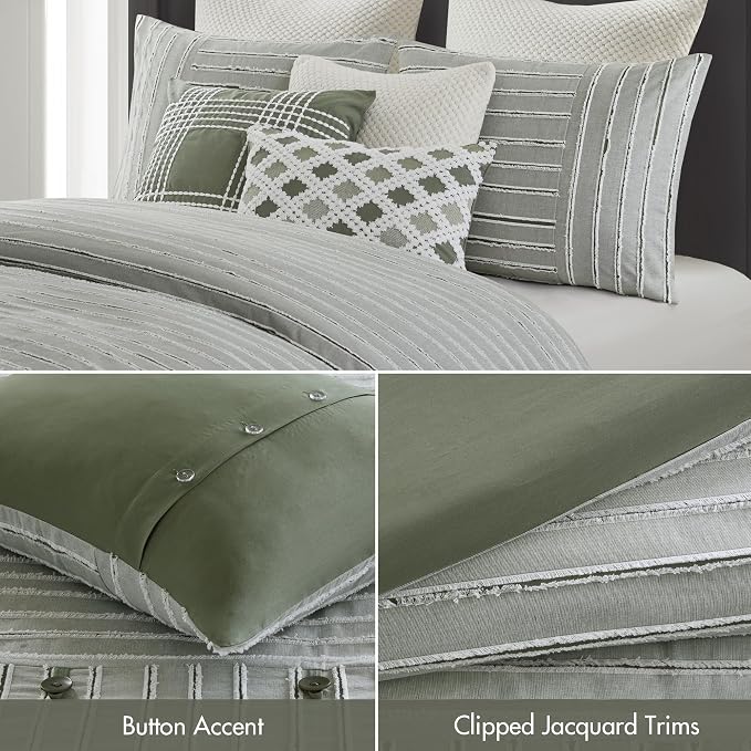 Madison Park Farmhouse King Cotton Comforter Set with Removable Cover, 9pc | Clipped Jacquard Stripes with Buttons Bedding Set, Boho, Oversized, Easy Care, Breathable, Cozy, All Season, Ultra Soft