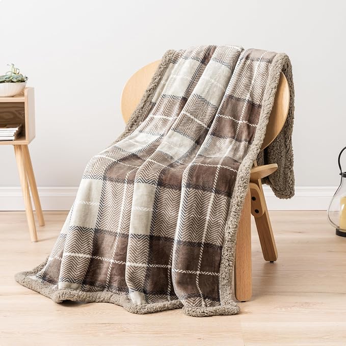 PAVILIA Twin Plaid Sherpa Throw Blanket for Couch Sofa Bed, Taupe, 60x80 | GSM 460; Soft Plush Flannel Fleece; Warm&Cozy for Home; Machine Washable, Perfect Cabin Decor Winter Holiday Christmas Gift