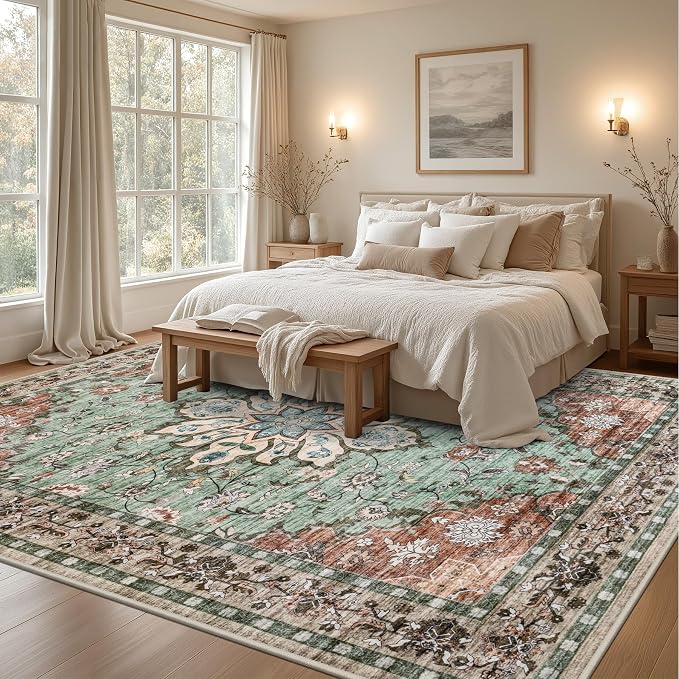 8x10 Area Rugs Living Room: Washable Rug for Bedroom Brown Green | Boho No Slip Stain Resistant Rug Soft Indoor Decor Floor Floral Area Rugs for Dining Room, Nursery, Hallway, Home Office
