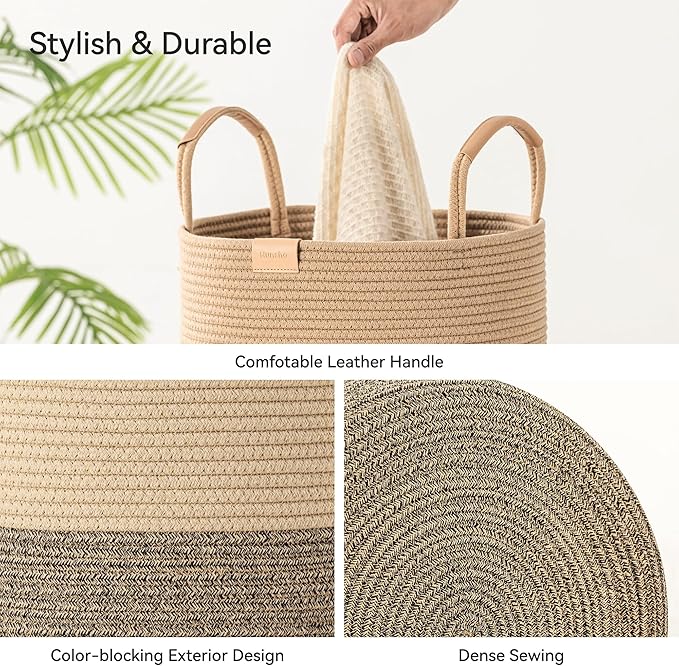 Nunsino 75L Striped Laundry Hamper with Leather Handles,Large Foldable Laundry Basket for Clothes,Cotton Rope Storage Bin for Blankets,Woven Clothes Basket for Bedroom,Dark Brown Stripes