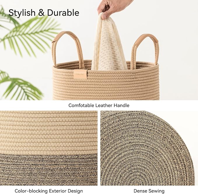 Nunsino 95L Striped Laundry Hamper with Leather Handles,Large Foldable Laundry Basket for Clothes,Cotton Rope Storage Bin for Blankets,Woven Clothes Basket for Bedroom,Dark Brown Stripes