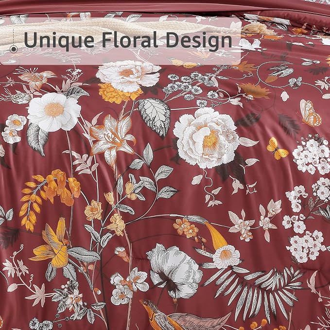 Queen Comforter Set - 7 Pieces Red Floral Bed in a Bag Queen Bedding Sets | All Season Botanical Flowers Comforter Set with Sheets, Pillowcases & Shams