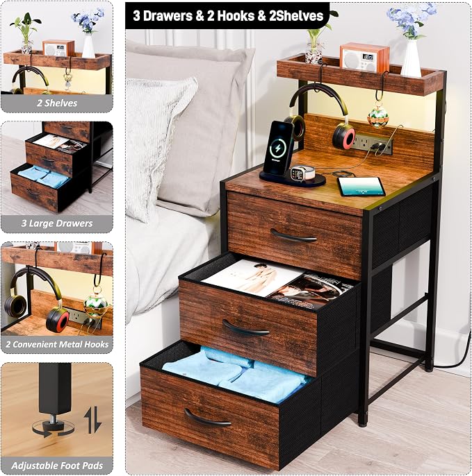 SZLHANJZ Nightstands Set of 2, LED Light and Charging Station, 3 Drawers | Spacious Fabric Drawers End Table, Storage Night Stand with Hooks, Tall Bed Side Table for Bedroom Dorm, Rustic Brown