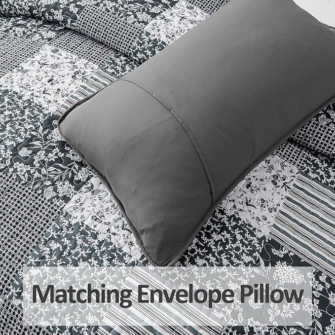 Mybedsoul Quilt California King Size, Patchwork Bedding Set, Black Grey | Soft Lightweight Microfiber Floral Boho Coverlet Set, 3 Pieces Plaid Bedspread, Bed Sets for All Seasons 110"x96"