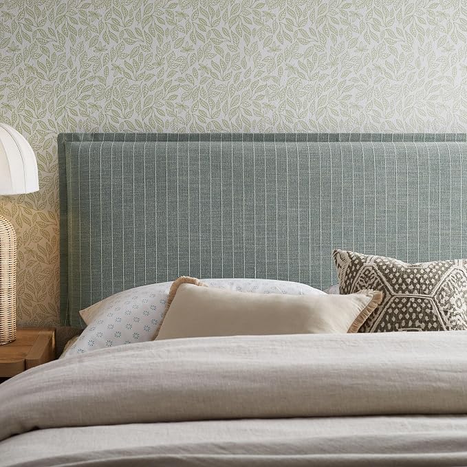 Modway Camille Full Size Striped Linen Blend Pinstripe Headboard with Removable Slipcover – in Spa Blue Stripe - Padded Pillow Style Headboard with Adjustable Mounting for Full Beds