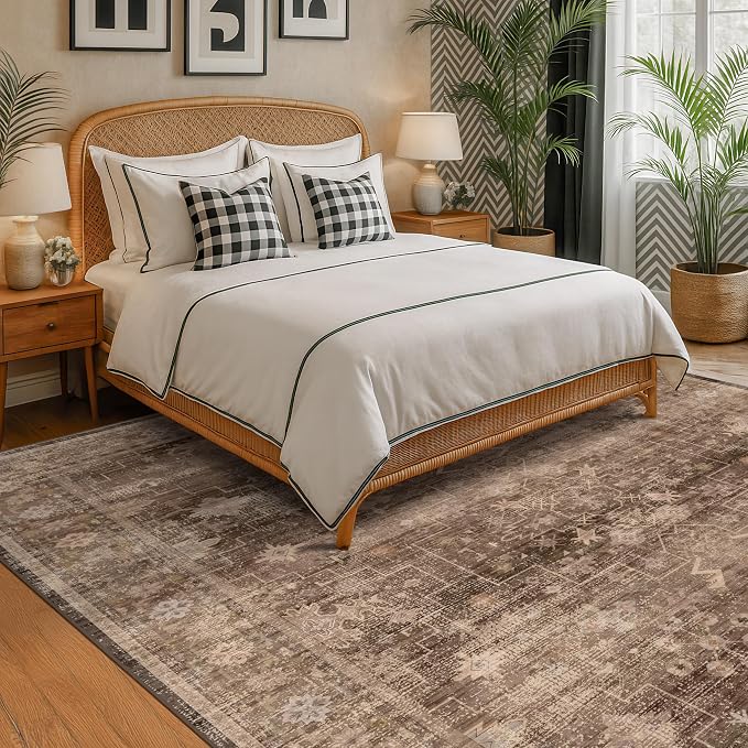 Taupe Brown Living Room Rug 6x9 - Vintage Traditional Eclectic Unique Neutral, Washable Low Pile Non-Slip Large Area Rugs for Dining Under Table Bedroom Lounge