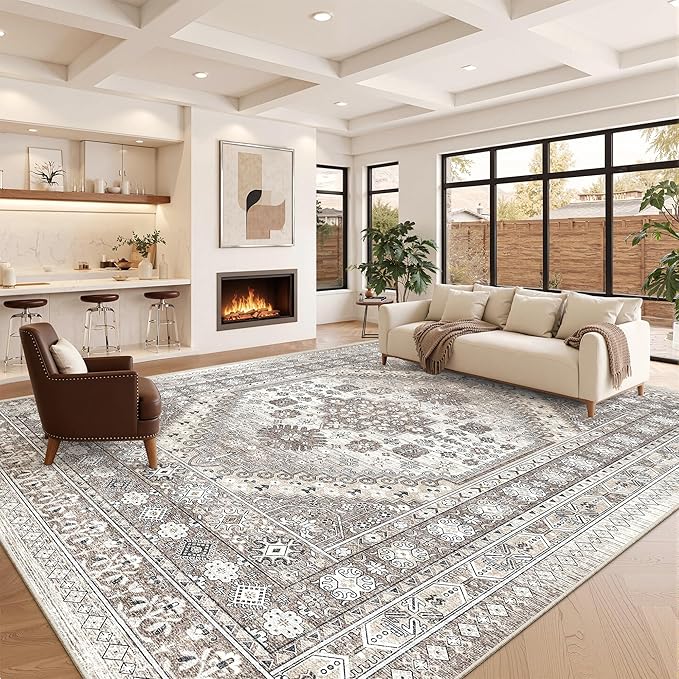 10x14 Area Rugs for Living Room,Large Washable Rug,Brown | Rugs for Bedroom,Dining Room,Office,Low Pile,Soft, Vintage Rug,Stain Resistant Indoor Carpet,Non Slip,Home Decor