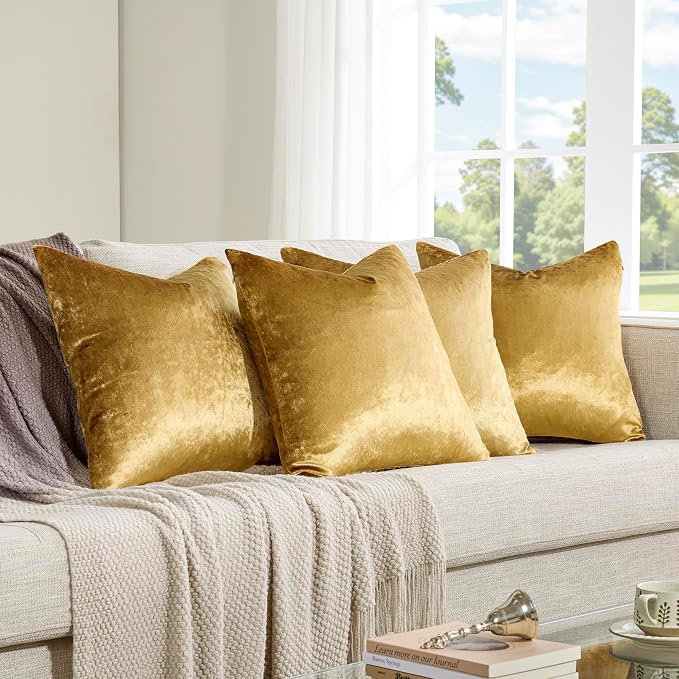 GIGIZAZA Pack of 4 Gold Decorative Velvet Pillow Covers 20x20 | Throw Pillows for Couch Sofa,300gsm Soft Thick Fabric,Modern Accent Pillowcases,Luxury Living Room Cushion Covers