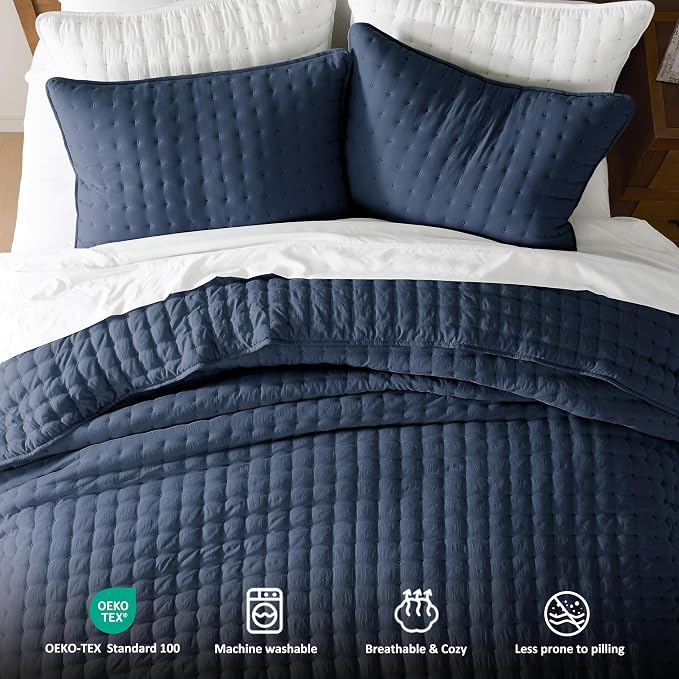 WDCOZY Navy Blue King Size Quilt Bedding Sets with Pillow Shams, Lightweight Soft Bedspread Coverlet, Quilted Blanket Thin Comforter Bed Cover, All Season Summer Spring, 3 Pieces, 104x90 inches