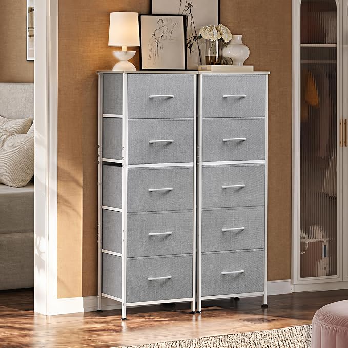 WLIVE Tall Dresser for Bedroom, 5 Drawer Dresser, Light Grey | 5 vertical fabric drawers, Tall vertical design, Bedroom or closet use, Dresser for small spaces, Chest of drawers