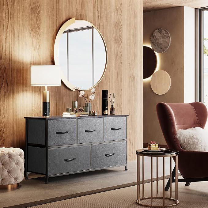 WLIVE Wide Dresser for Bedroom, 5 Drawer Chest of Drawers, Dark Grey | 5 roomy fabric drawers, Wide storage design, Bedroom or closet use, Sturdy steel frame, Smooth wood tabletop