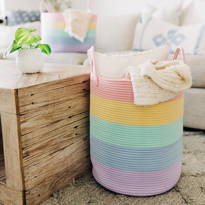 OrganiHaus Rainbow Laundry Basket & Hamper, Nursery Playroom 52L | Rainbow Pastel - Rainbow Cotton Rope Hamper, Nursery 52L