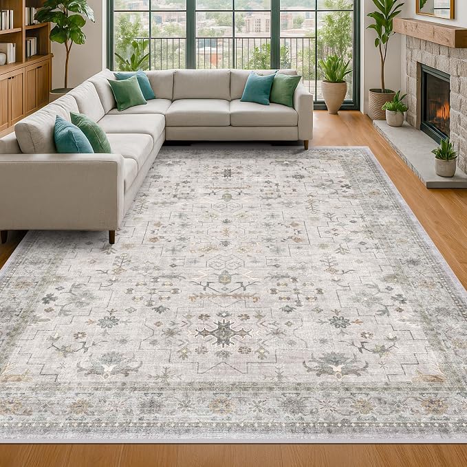 Light Gray & Sage Living Room Rug 8x10 - Washable Boho Low Pile Large Area Rug for Dining Room, Bedroom Carpet, Distressed Vintage Floral Design, Low Pile Stain Resistant