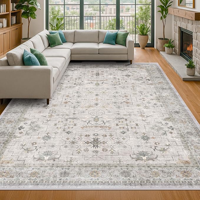 Boho Washable 5x7 Living Room Rug - Neutral Light Gray & Sage Area Rugs for Nursery, Dining Under Table, Bedroom, Modern Vintage Eclectic Geometric Floral, Low Pile Stain Resistant