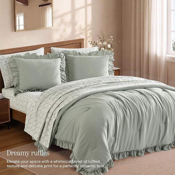 Full Size Comforter Sets-7 Pieces Ruffle Bedding Floral Sheet | Sage Vine Bed in a Bag, Soft Lightweight All Season Farmhouse Full Size Bedding Sets with Floral Sheets, Pillowcases & Shams