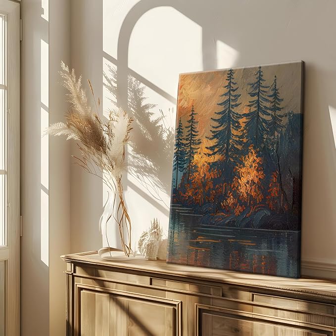Framed Gold Mountain Forest Sunset Landscape Wall Art Set of 3, Abstract Boho Lakeside Forest Sunset Wall Decor, Vintage Nature Landscape Canvas Prints Poster for Living Room Bedroom Office 12x16 Inch