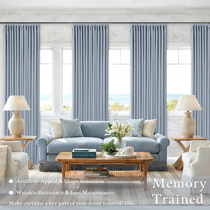 TWODRAPES 100 Inch Blackout Pinch Pleated Thick Linen Curtains 2 Panel Set | 100% Black Out Light Blocking, Pinch Pleat Curtain with Two Layer, for Living Room Kids Bedroom, Light Baby Blue, W40xL100
